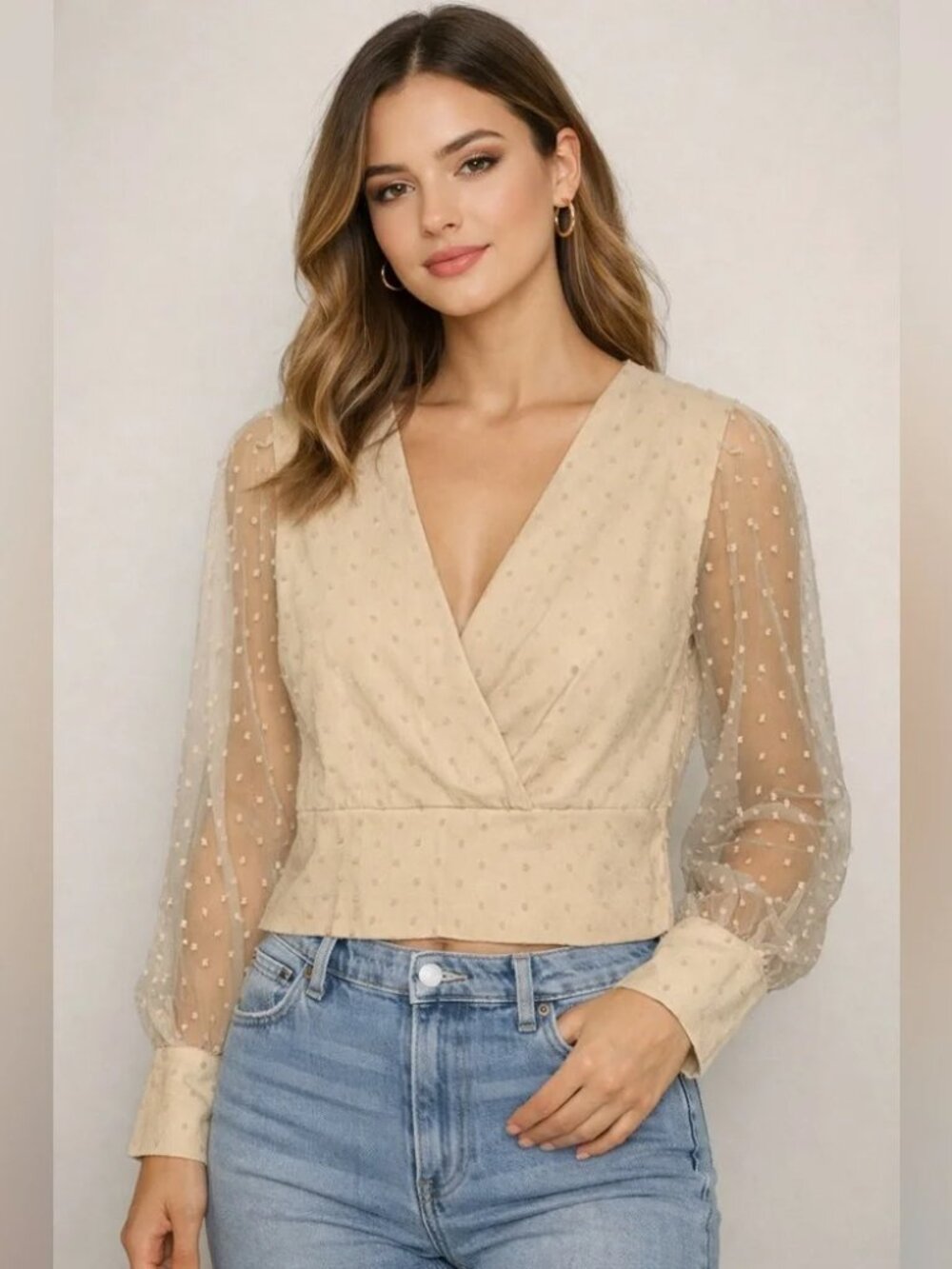 Altar’d State Swiss Dot Sheer Sleeve Wrap Top Romantic Boho